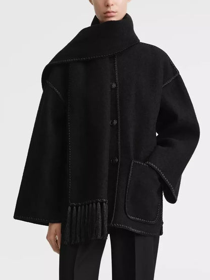 Embroidered Fringed Scarf Short Wool Coat in Black - Coats