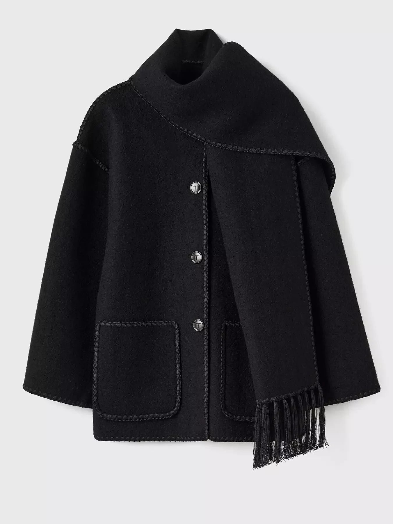 Embroidered Fringed Scarf Short Wool Coat in Black - Coats