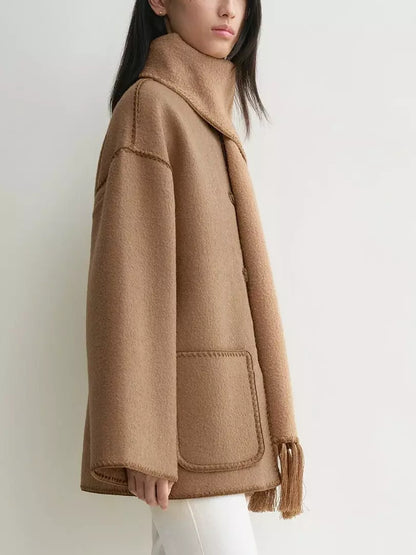 Embroidered Fringed Scarf Short Wool Coat in Camel - Coats