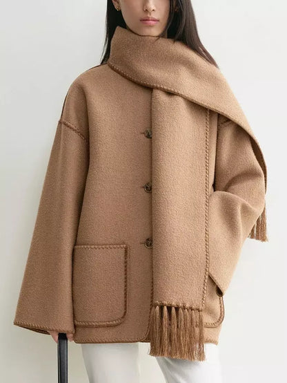 Embroidered Fringed Scarf Short Wool Coat in Camel - Coats