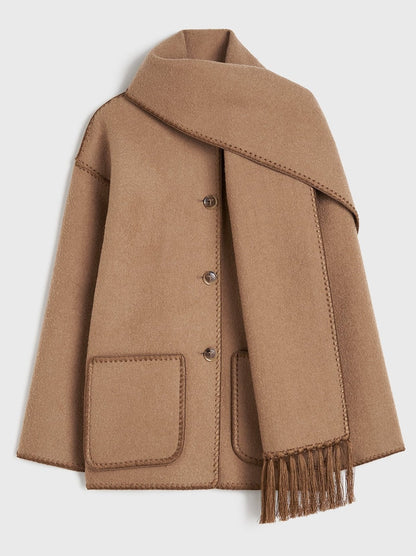 Embroidered Fringed Scarf Short Wool Coat in Camel - Coats