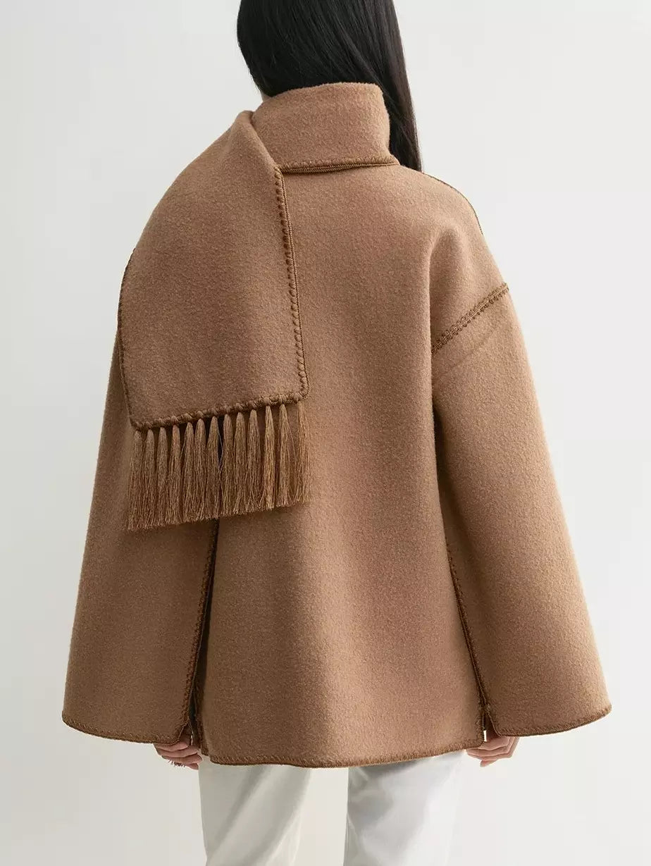 Embroidered Fringed Scarf Short Wool Coat in Camel - Coats