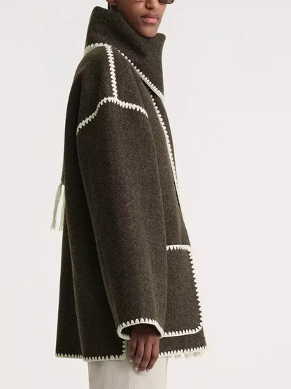 Embroidered Fringed Scarf Short Wool Coat in Dark Brown - Coats