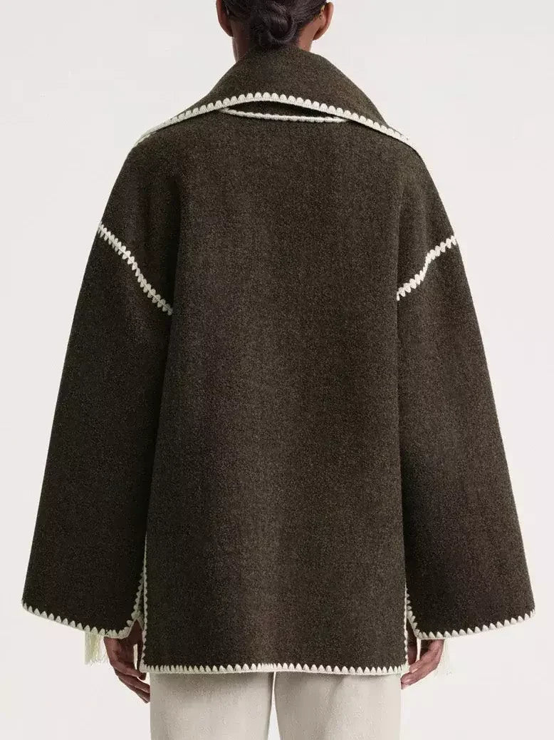 Embroidered Fringed Scarf Short Wool Coat in Dark Brown - Coats