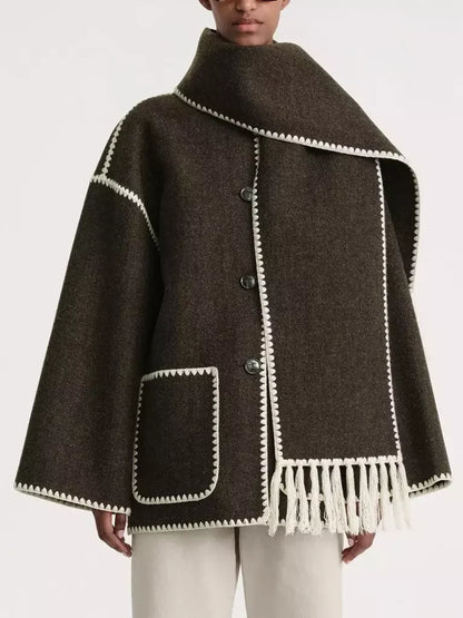 Embroidered Fringed Scarf Short Wool Coat in Dark Brown - Coats