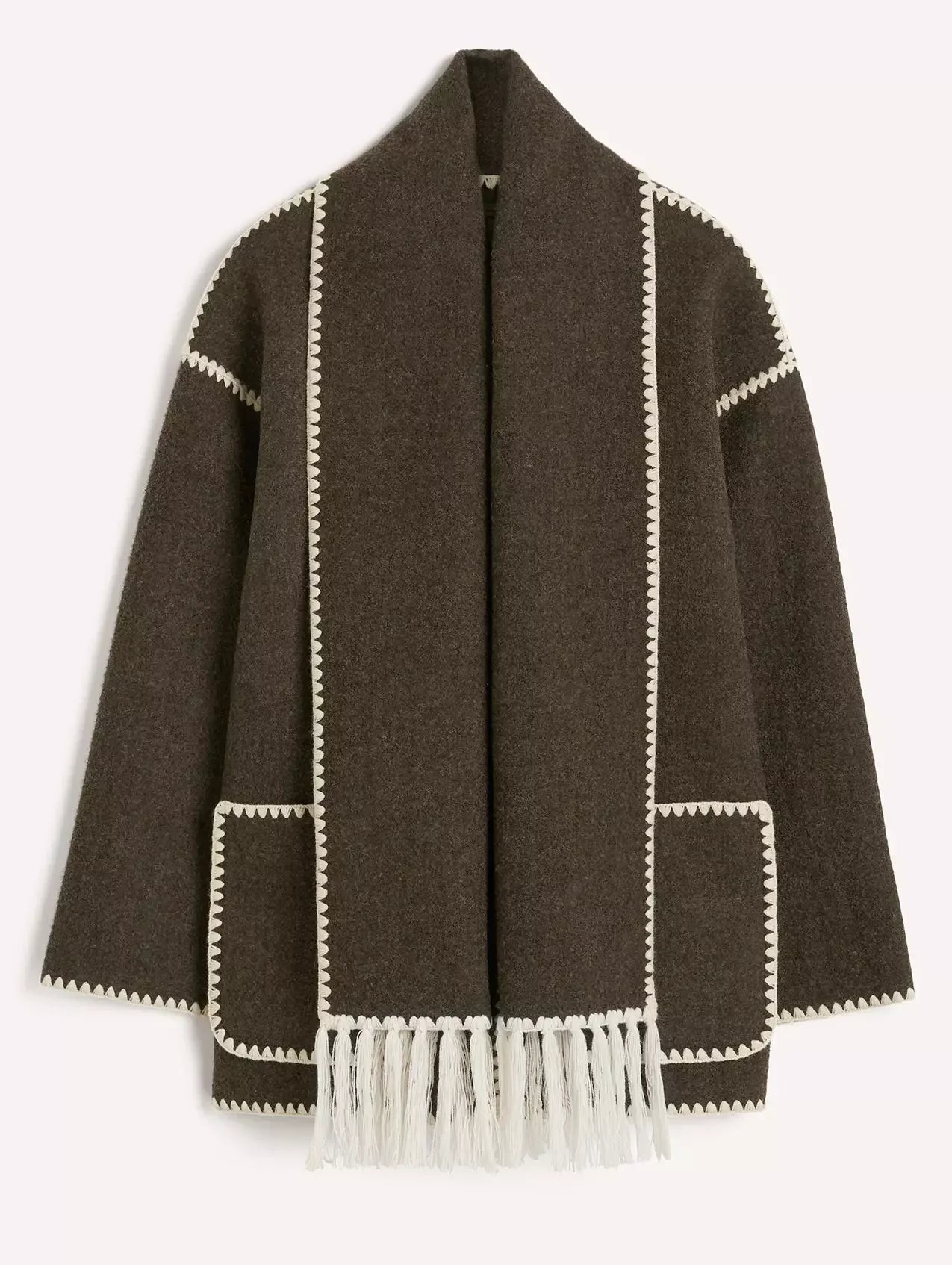 Embroidered Fringed Scarf Short Wool Coat in Dark Brown - Coats