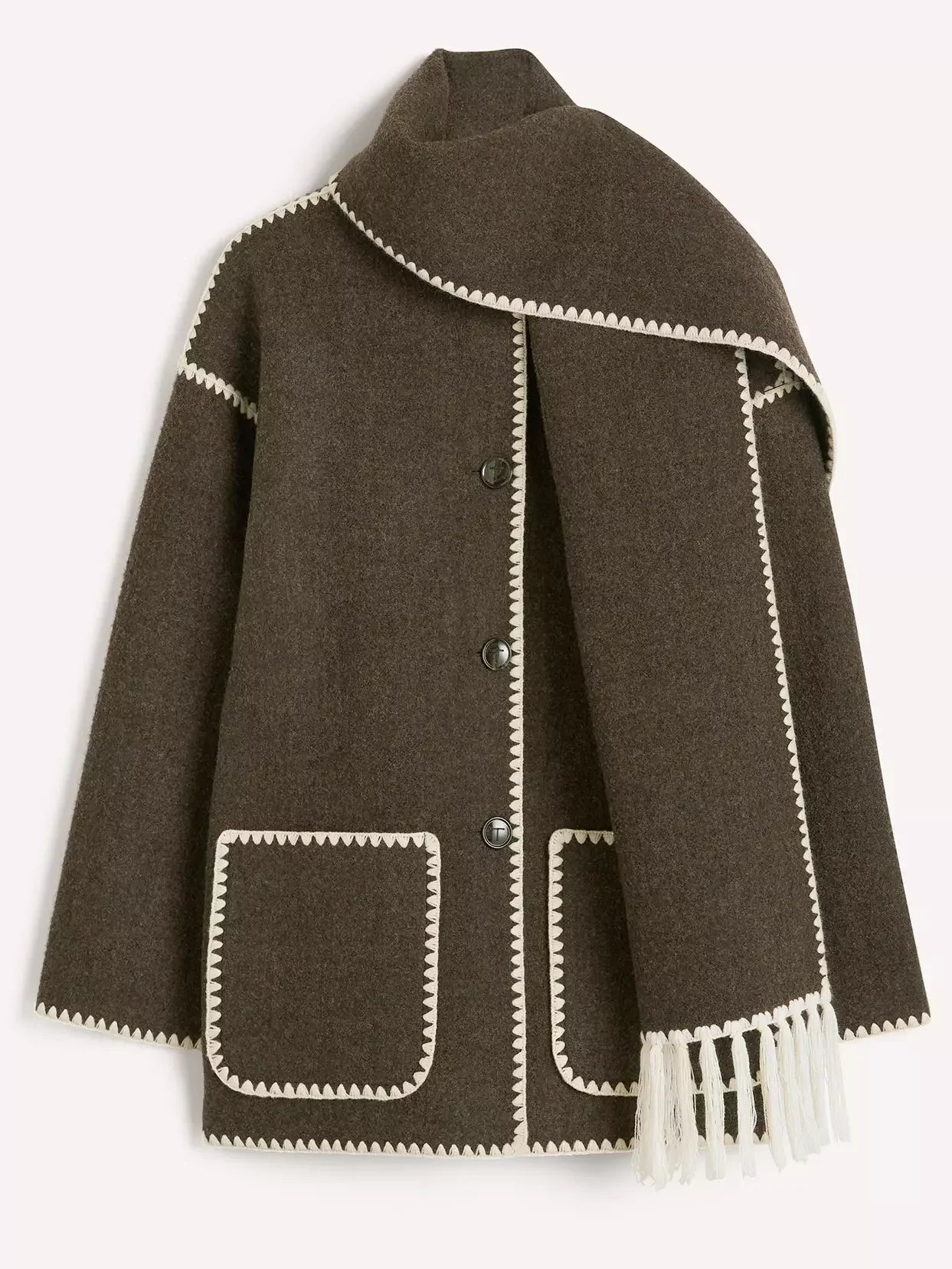 Embroidered Fringed Scarf Short Wool Coat in Dark Brown - Coats