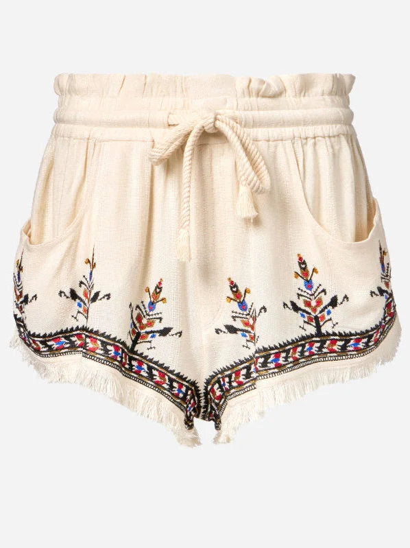 Embroidered Fringed Shorts with Braided Drawstring - Jeans & Pants