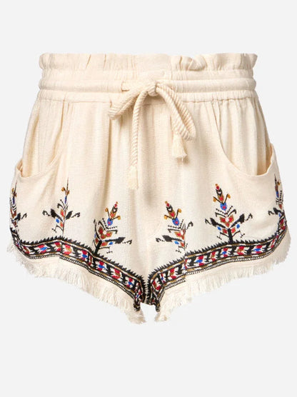 Embroidered Fringed Shorts with Braided Drawstring - Jeans & Pants