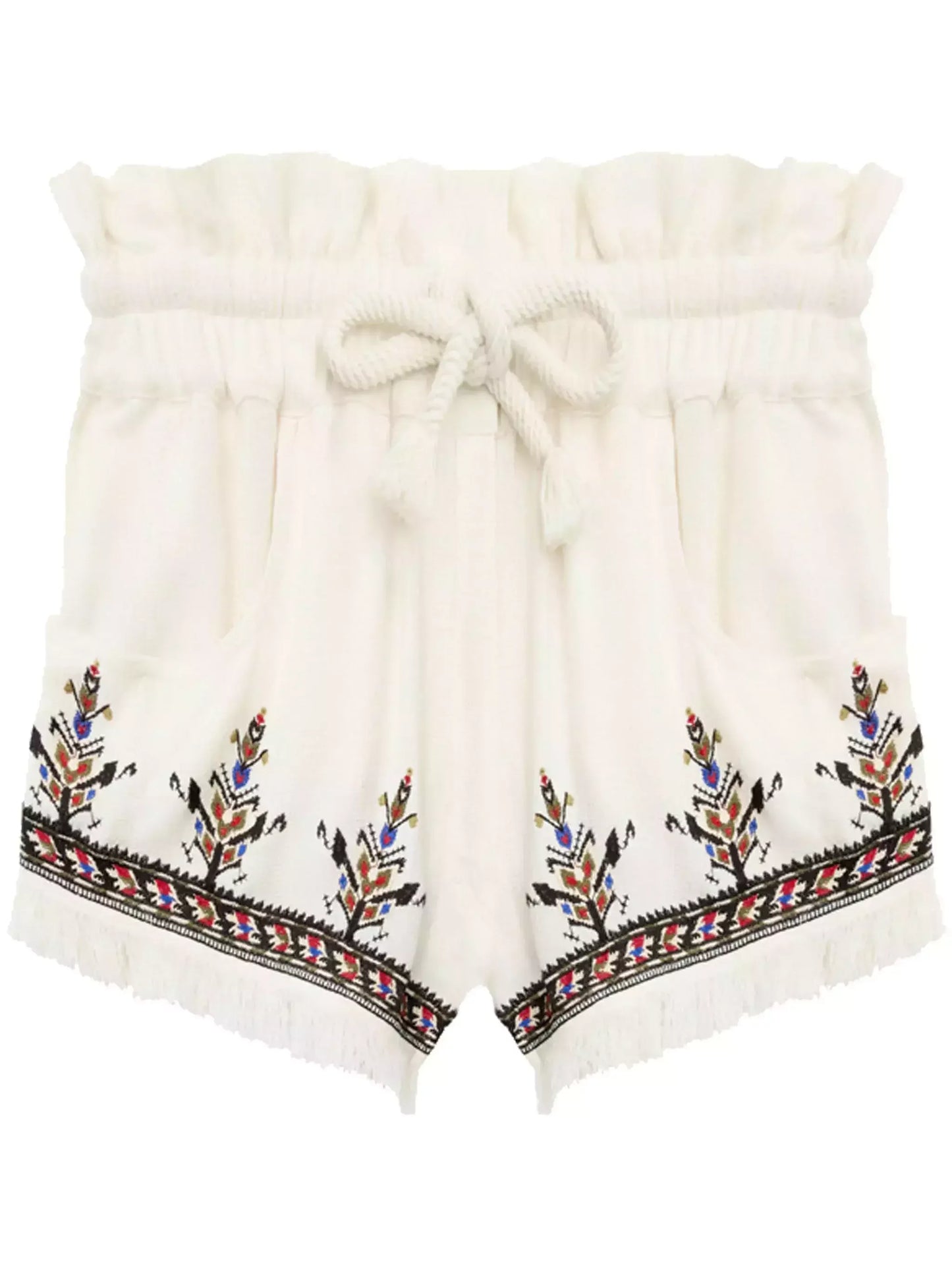 Embroidered Fringed Shorts with Braided Drawstring - Jeans & Pants