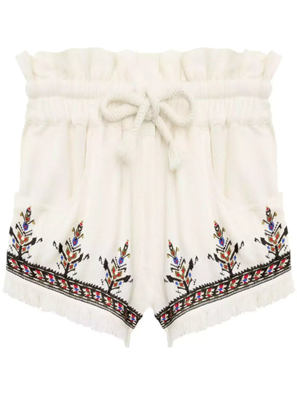 Embroidered Fringed Shorts with Braided Drawstring - Jeans & Pants
