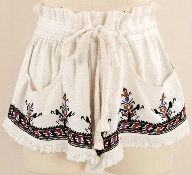 Embroidered Fringed Shorts with Braided Drawstring - Jeans & Pants