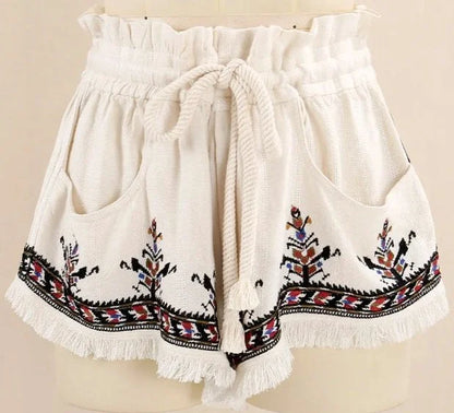 Embroidered Fringed Shorts with Braided Drawstring - Jeans & Pants