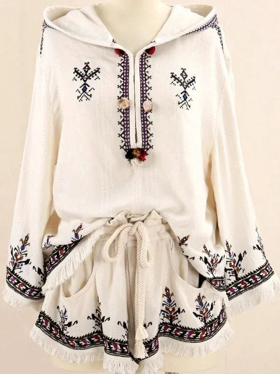 Embroidered Fringed Shorts with Braided Drawstring - Jeans & Pants