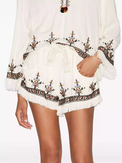 Embroidered Fringed Shorts with Braided Drawstring - Small - Jeans & Pants