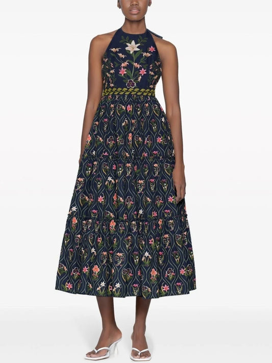 Embroidered Halter-Neck Floral-Print Sleeveless Dress - S - Dresses