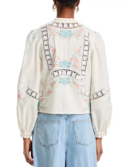 Embroidered High-Neck Button-Front Blouse - Tops
