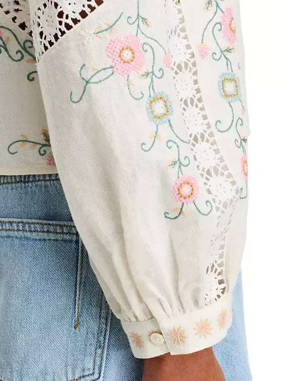Embroidered High-Neck Button-Front Blouse - Tops