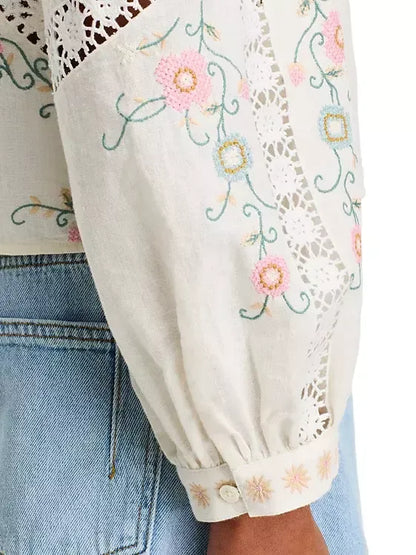 Embroidered High-Neck Button-Front Blouse - Tops