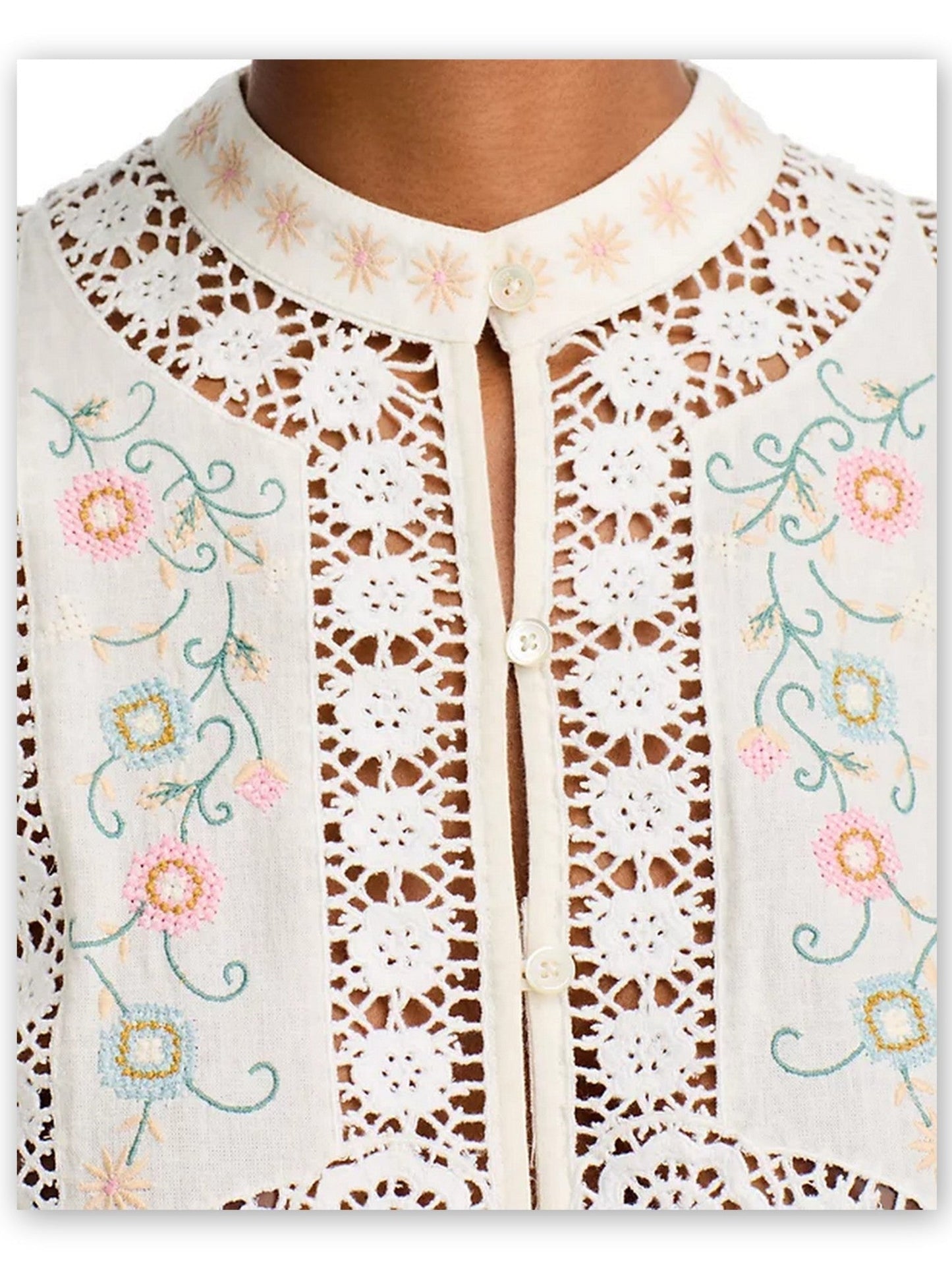 Embroidered High-Neck Button-Front Blouse - Tops
