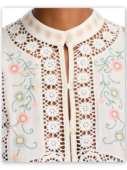 Embroidered High-Neck Button-Front Blouse - Tops