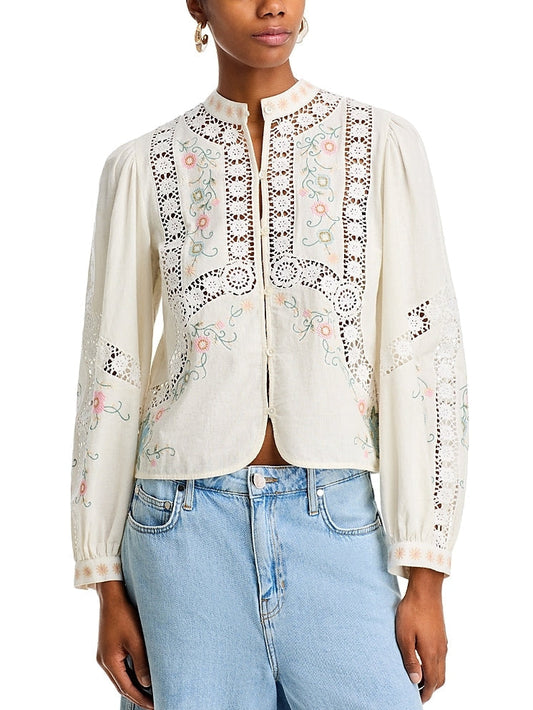 Embroidered High-Neck Button-Front Blouse - Tops