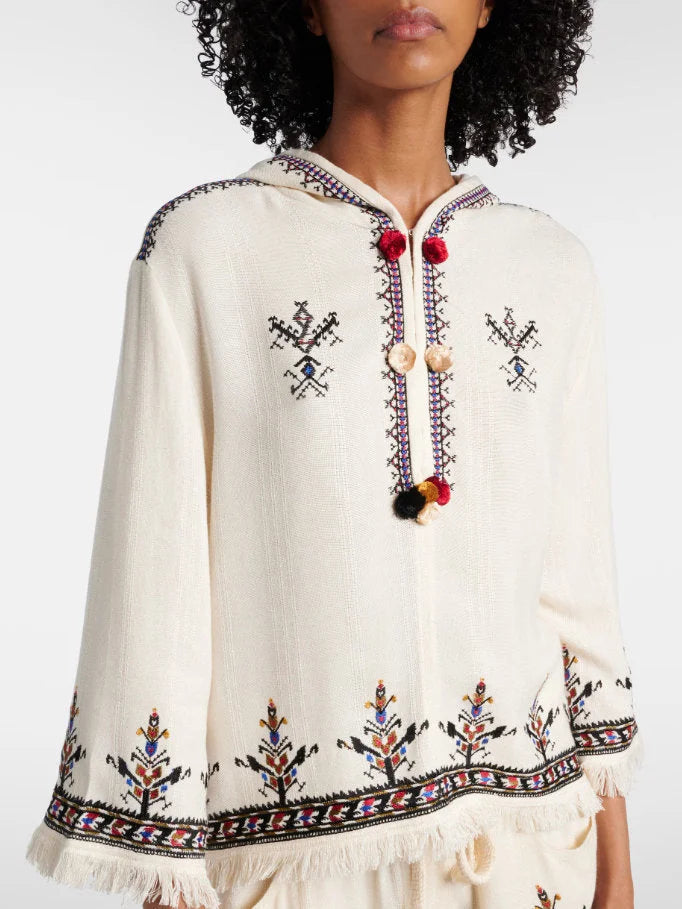 Embroidered Hooded Fringed Top with Pom Pom Details - Tops