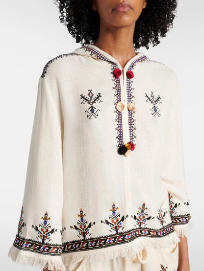 Embroidered Hooded Fringed Top with Pom Pom Details - Tops