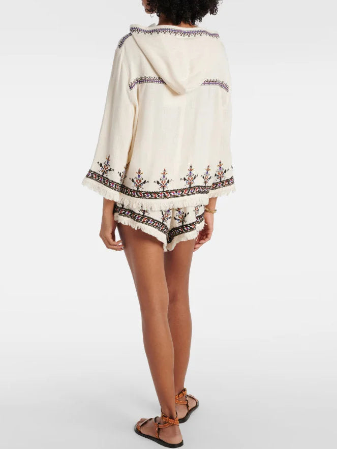 Embroidered Hooded Fringed Top with Pom Pom Details - Tops