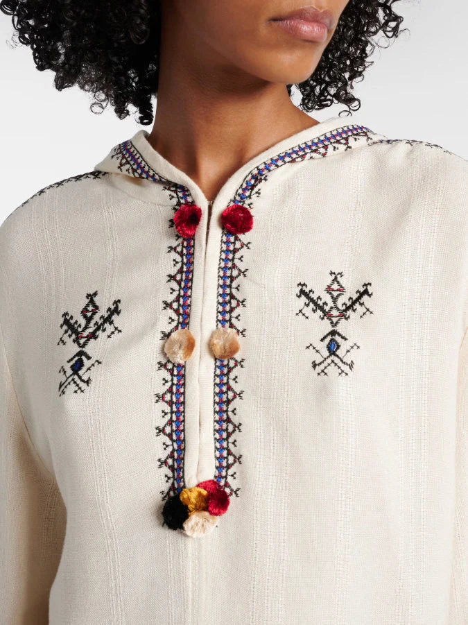 Embroidered Hooded Fringed Top with Pom Pom Details - Tops
