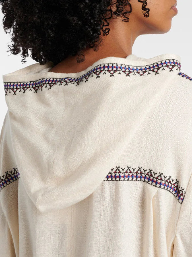 Embroidered Hooded Fringed Top with Pom Pom Details - Tops
