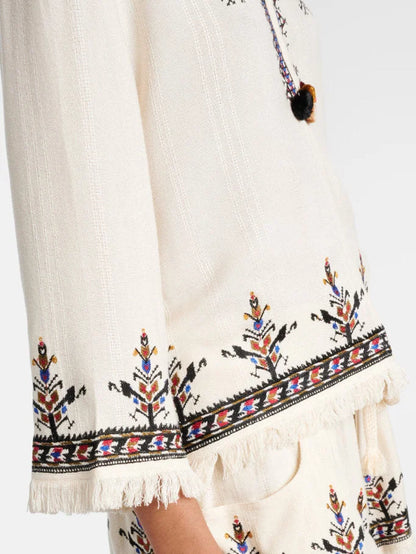 Embroidered Hooded Fringed Top with Pom Pom Details - Tops