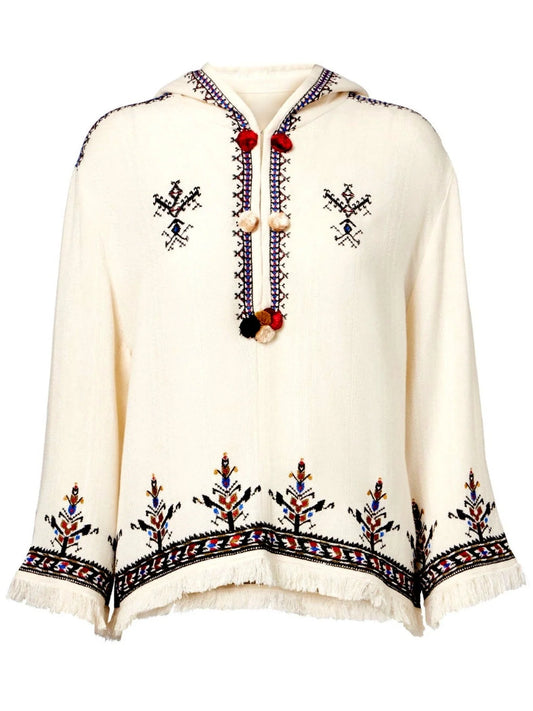 Embroidered Hooded Fringed Top with Pom Pom Details - Small - Tops