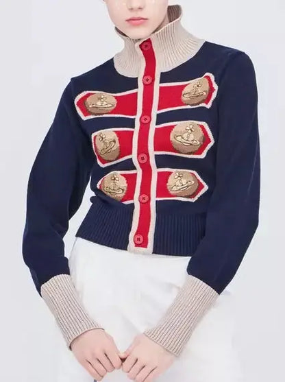 Embroidered Knit High-Neck Cardigan Sweater - Sweaters & Knitwear