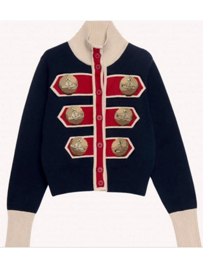 Embroidered Knit High-Neck Cardigan Sweater - Sweaters & Knitwear