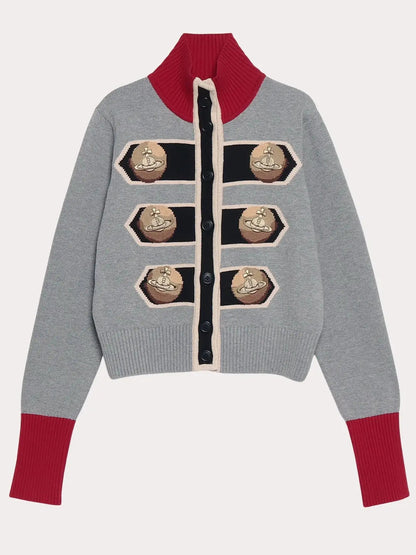 Embroidered Knit High-Neck Cardigan Sweater - Sweaters & Knitwear