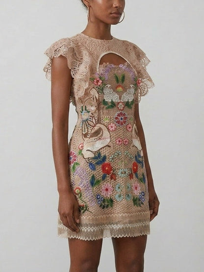Embroidered Lace Mini Dress with Bird and Floral Motif