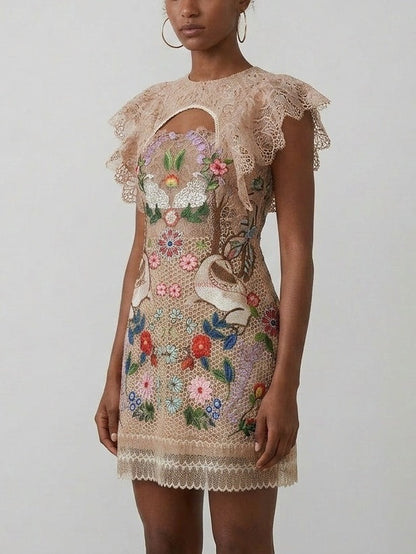 Embroidered Lace Mini Dress with Bird and Floral Motif
