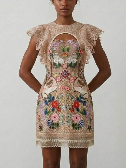 Embroidered Lace Mini Dress with Bird and Floral Motif