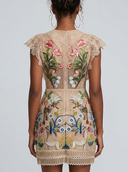 Embroidered Lace Mini Dress with Bird and Floral Motif