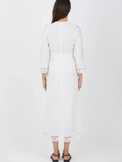 Embroidered Linen and Cotton Lace-Trim Dress - Dresses