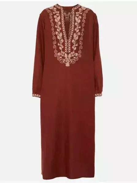 Embroidered Linen Midi Kaftan Dress - Dresses