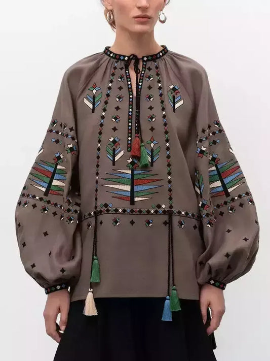Embroidered Linen Vintage Blouse with Tassels - Tops