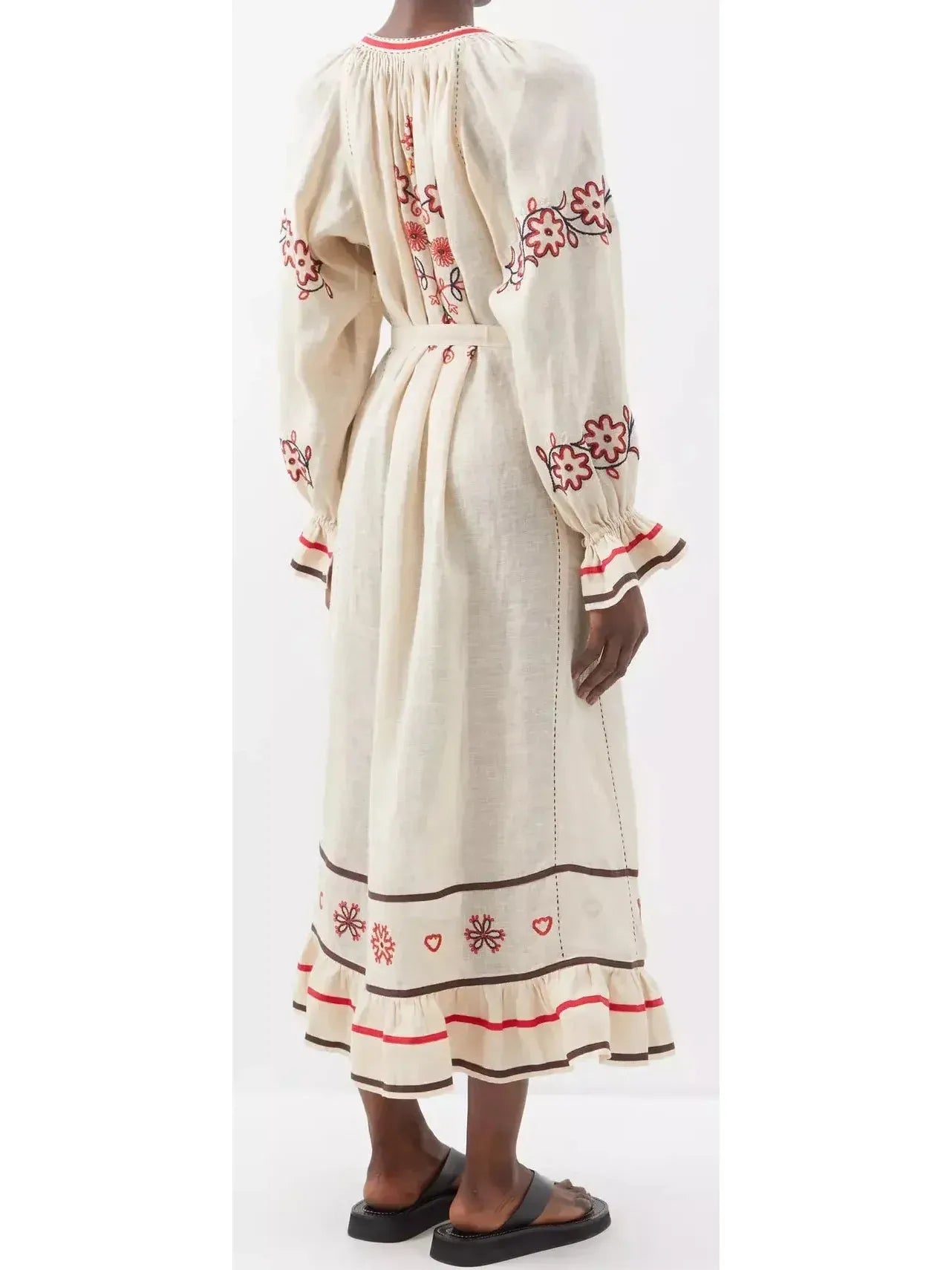 Embroidered Long-Sleeve Linen Boho Dress with Tie-Waist - Dresses