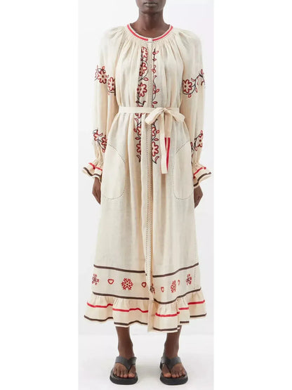 Embroidered Long-Sleeve Linen Boho Dress with Tie-Waist - Dresses