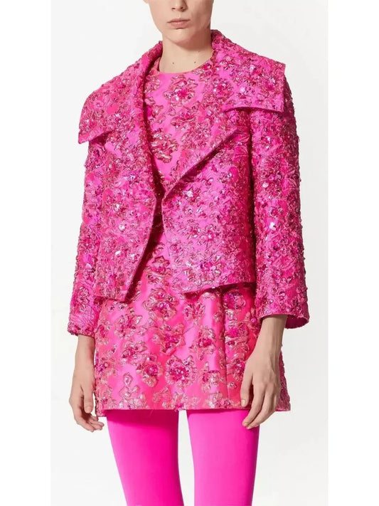 Embroidered Pink Jacquard Cropped Jacket - Jackets