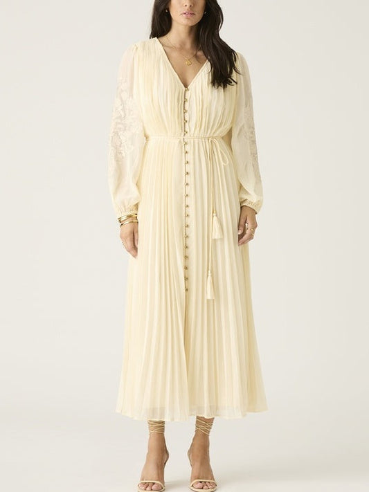 Long-sleeved embroidered-sleeve pleated V-neck dress with button-down front