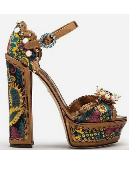 Embroidered Spanish Studded Block-Heel Sandals - Footwear