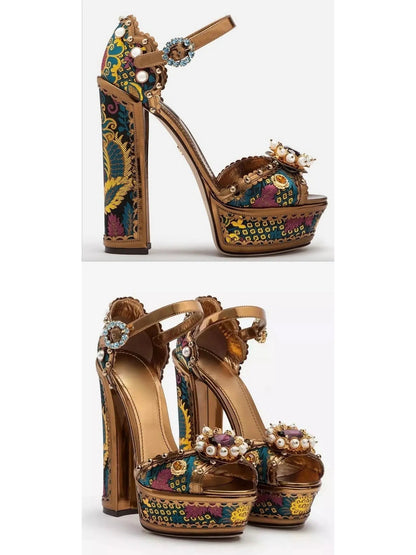 Embroidered Spanish Studded Block-Heel Sandals - Footwear