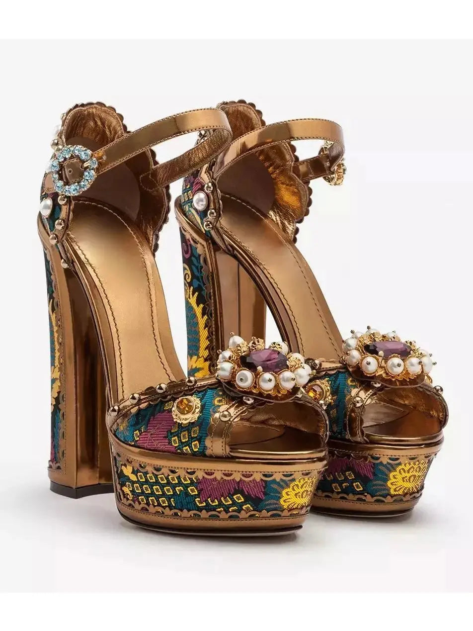 Embroidered Spanish Studded Block-Heel Sandals - Footwear